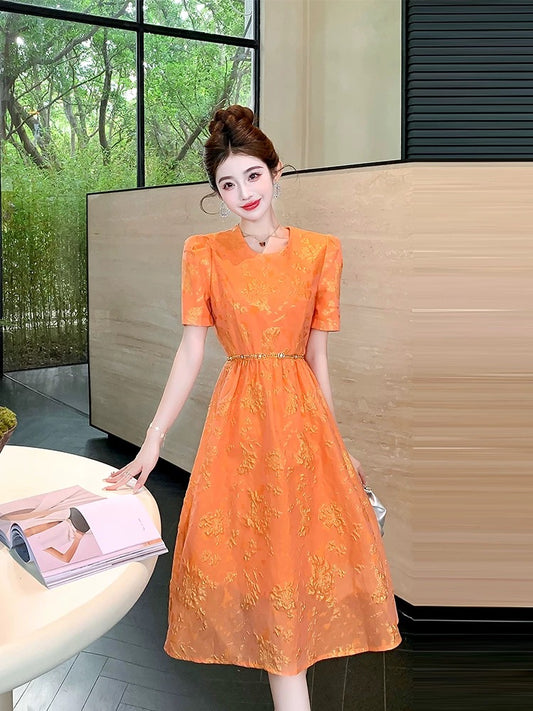 Summer women's clothing 2025 new A-line puffy skirt royal sister style unique jacquard niche design temperament dress
