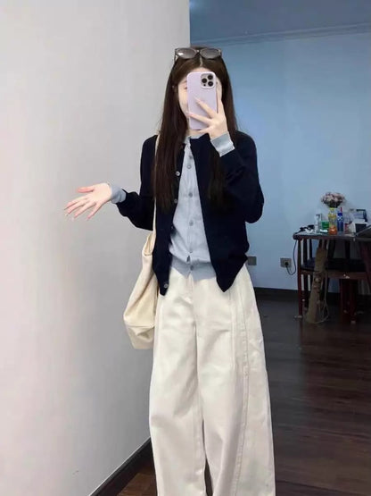 2025 Early Autumn Unique Super Good-looking Set Korean Style Fake Two-piece Knitted Cardigan Casual Pants Temperament A Complete Set