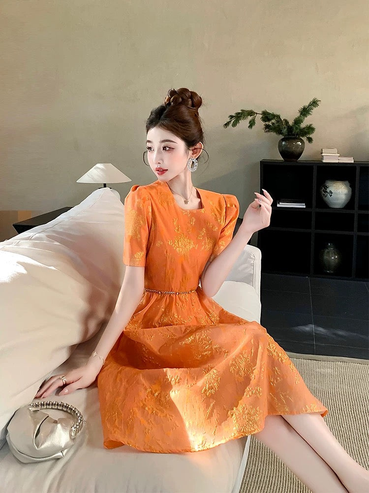 Summer women's clothing 2025 new A-line puffy skirt royal sister style unique jacquard niche design temperament dress