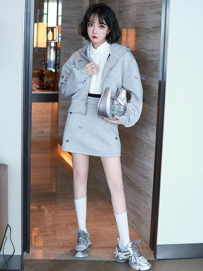 MIUCO heavyweight sweatshirt material handmade flower hooded sweatshirt jacket + A-line casual skirt suit [ready in stock]