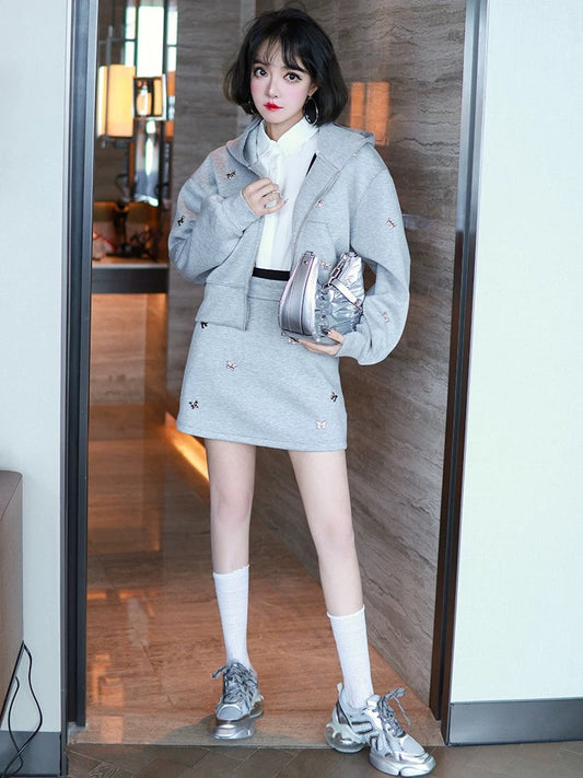 MIUCO heavyweight sweatshirt material handmade flower hooded sweatshirt jacket + A-line casual skirt suit [ready in stock]