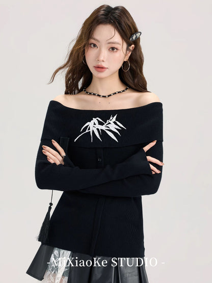 Mi Xiaoke's new Chinese style black one-shoulder knit sweater sweater for women autumn design slim-fitting off-shoulder top