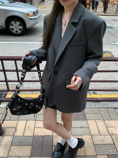 Hhyii—an incredibly flattering cut! A premium-feel, versatile, and stylish grey blazer for women—perfect for spring and autumn; wrinkle-resistant and effortlessly chic.