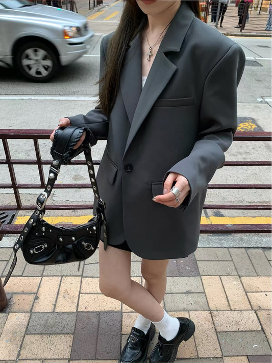 Hhyii—an incredibly flattering cut! A premium-feel, versatile, and stylish grey blazer for women—perfect for spring and autumn; wrinkle-resistant and effortlessly chic.