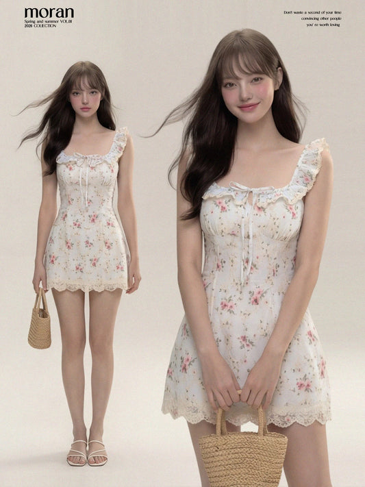 2026 New French-Style Floral Print Dress for Women, Summer Style, Slim Fit, Waist-Defining, Pretty Spaghetti Strap Dress, Cute and Sweet