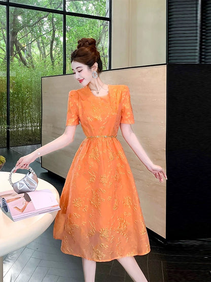 Summer women's clothing 2025 new A-line puffy skirt royal sister style unique jacquard niche design temperament dress
