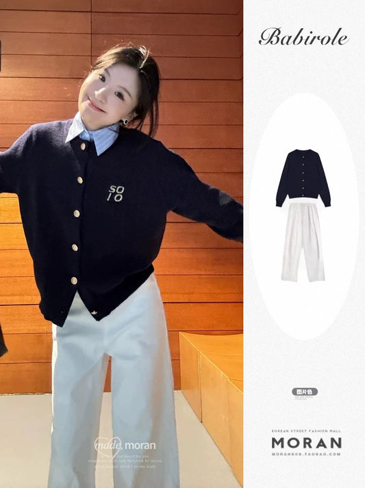 College style suit for women in autumn and winter, high-end feeling, old money gold button, navy blue sweater, knitted cardigan pants, two-piece suit