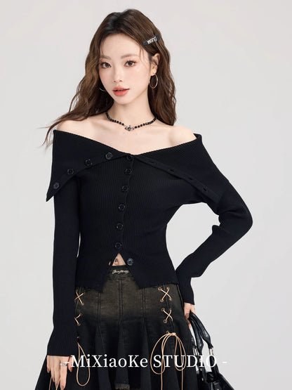 Mi Xiaoke high-grade black one-shoulder sweater for women in early autumn, outer wear, slim-fitting, temperament long-sleeved top