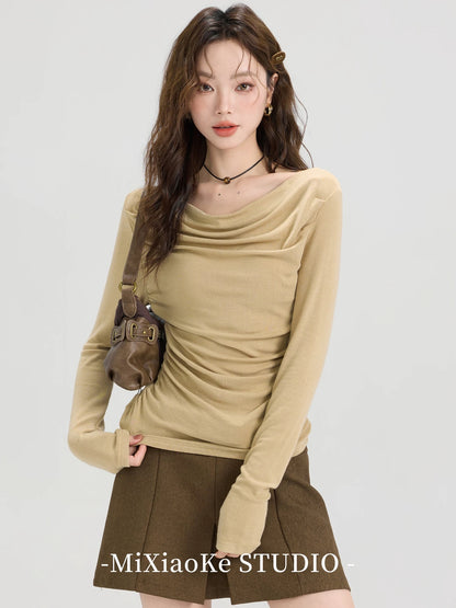 Mi Xiaoke American retro long-sleeved T-shirt for women in early autumn, bottoming shirt, niche design, slim fit, short top
