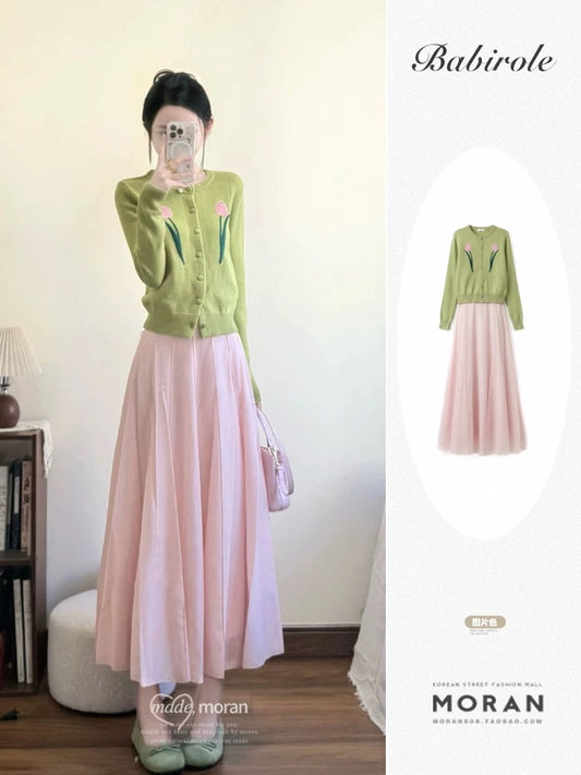 Early autumn Korean style outfit with avocado green flower embroidered knitted cardigan sweater skirt two-piece suit