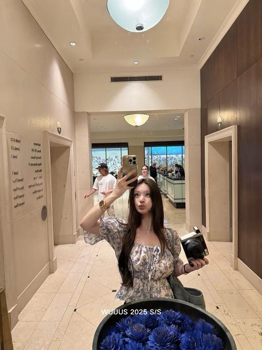 Wuuus [Blue Iris] Celadon Blue Tone Dress/Top U-Neck Puff Sleeve Floral Blouse