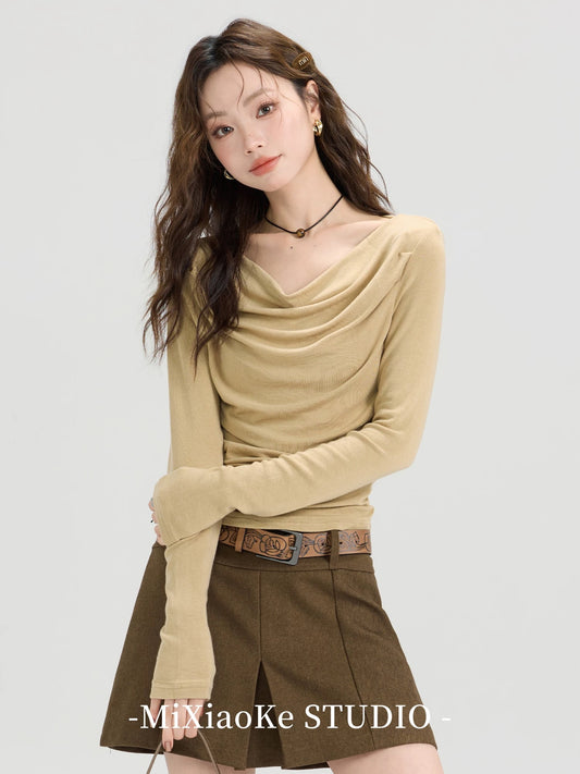 Mi Xiaoke American retro long-sleeved T-shirt for women in early autumn, bottoming shirt, niche design, slim fit, short top