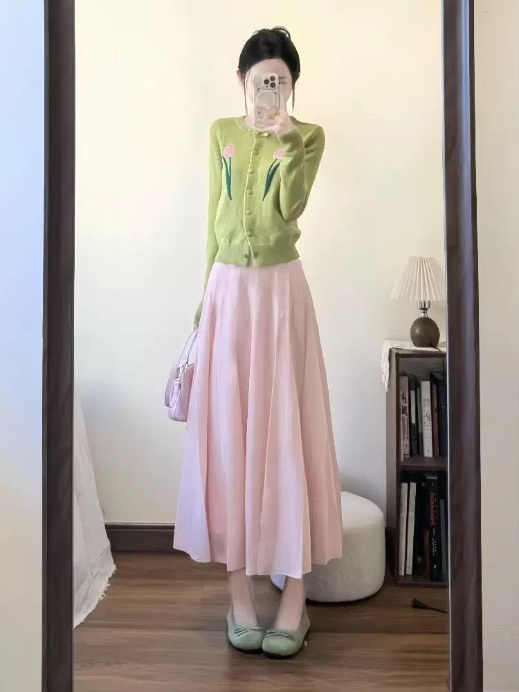 Early autumn Korean style outfit with avocado green flower embroidered knitted cardigan sweater skirt two-piece suit