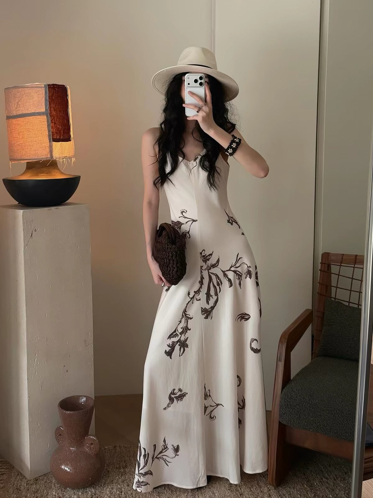New Arrival: French-style elegant Tencel printed camisole dress with a waist-cinching design.