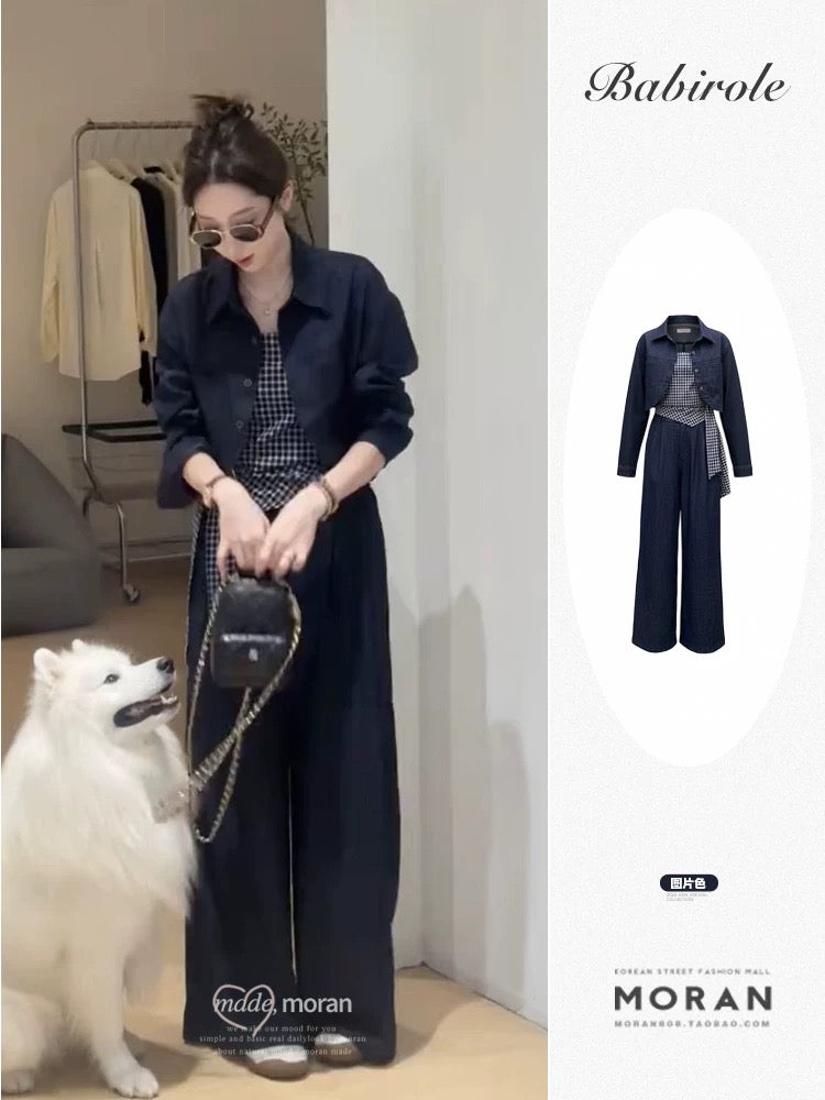 Early autumn loose-fitting suit for women, Korean style, fashionable and age-reducing denim jacket, plaid suspenders, wide-leg pants, three-piece suit