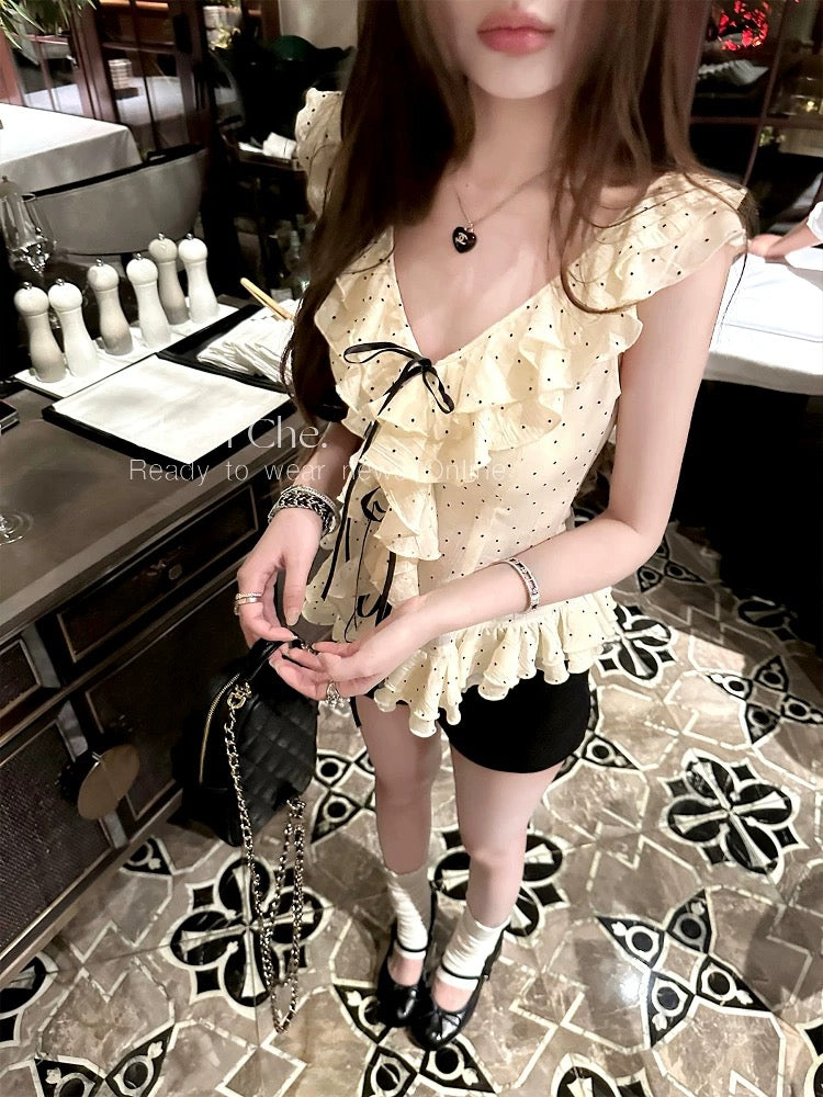 Chien Ballet Workshop - Pure and Delicate Chiffon Blouse, Summer Style, Ruffled V-Neck Polka Dot Top for Women