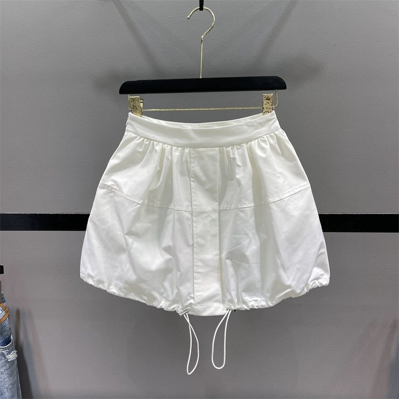 Workwear Drawstring High Waist Casual Skirt Women's 2024 Summer Slim A-Line Puff Skirt Small Flower Bud Short Skirt