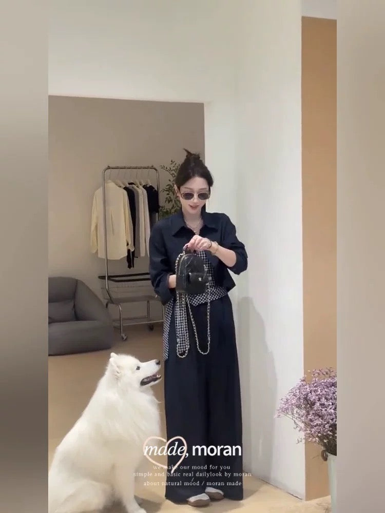 Early autumn loose-fitting suit for women, Korean style, fashionable and age-reducing denim jacket, plaid suspenders, wide-leg pants, three-piece suit