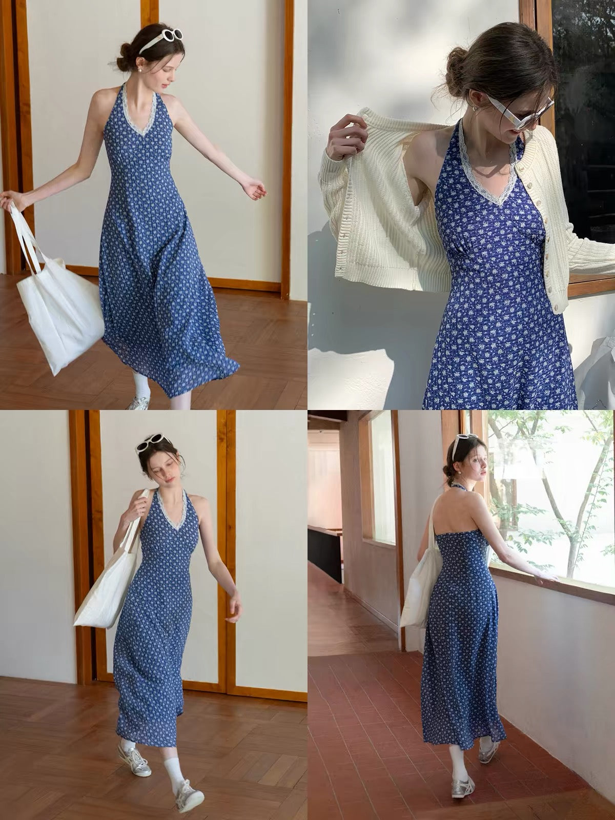 EGGKA Women's Summer Floral Maxi Dress – Sleeveless A-Line Style with Lace Paneling, Halter Neck, V-Neck, and Fitted Waist (Vacation/Resort Wear)