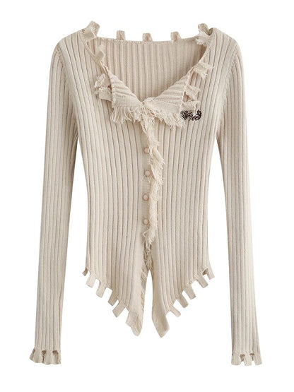 Mi Xiaoke American style niche design raw edge V-neck unique and chic sweater for women in early spring hot girl knitted sweater top