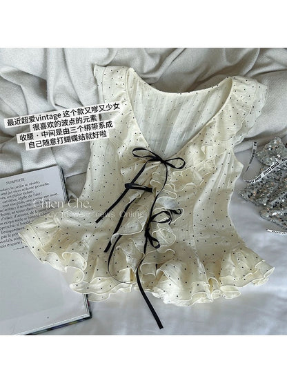 Chien Ballet Workshop - Pure and Delicate Chiffon Blouse, Summer Style, Ruffled V-Neck Polka Dot Top for Women