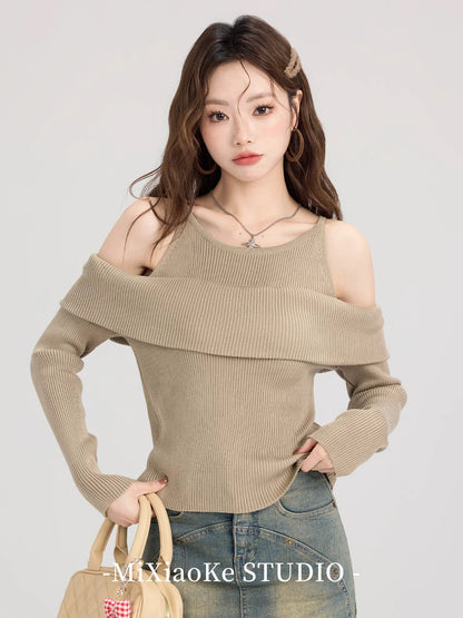 Mi Xiaoke American retro fake two-piece long-sleeved sweater for women autumn inner bottoming shirt design off-shoulder top
