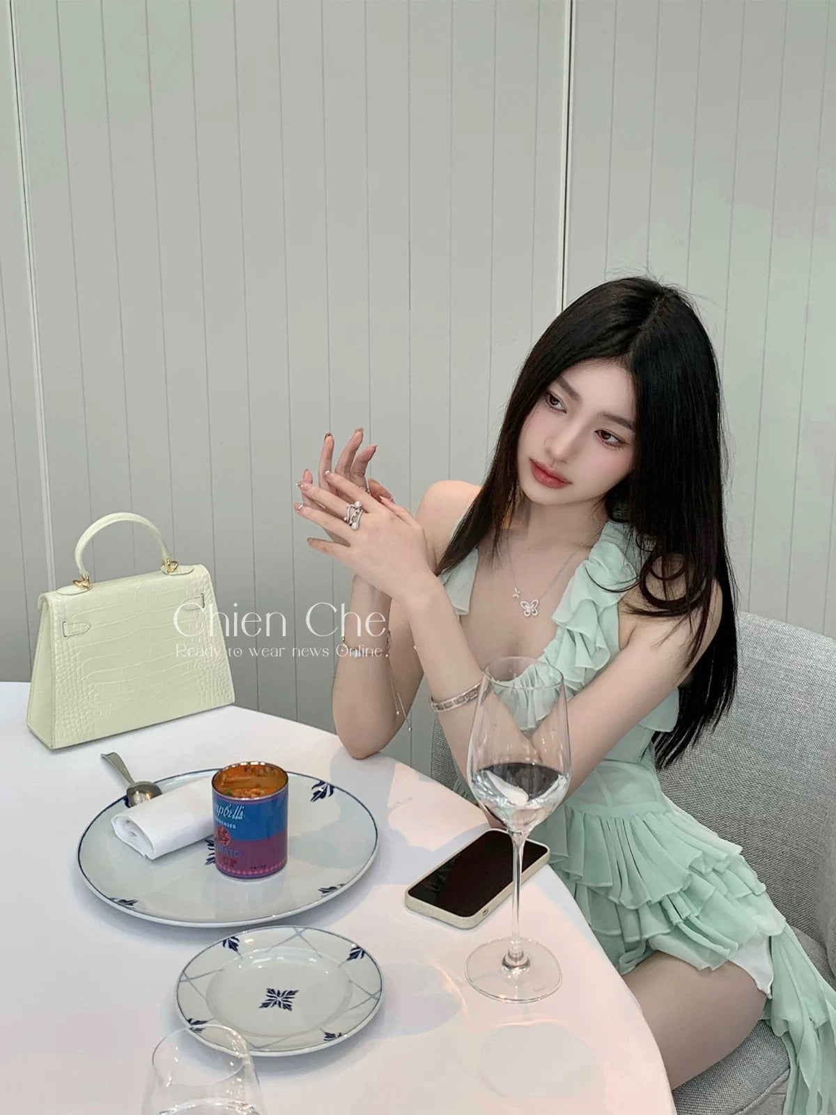 Chien Che Mint Green Sleeveless Halter Neck Slim Fit Sexy Ruffled Chiffon Top for Women