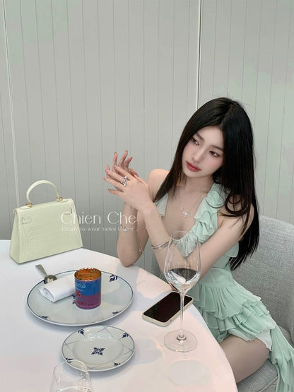 Chien Che Mint Green Sleeveless Halter Neck Slim Fit Sexy Ruffled Chiffon Top for Women