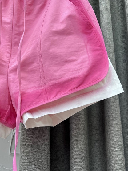 ins internet celebrity style 2024 spring new Korean style elastic waist gradient pink casual pants wide leg denim shorts for women