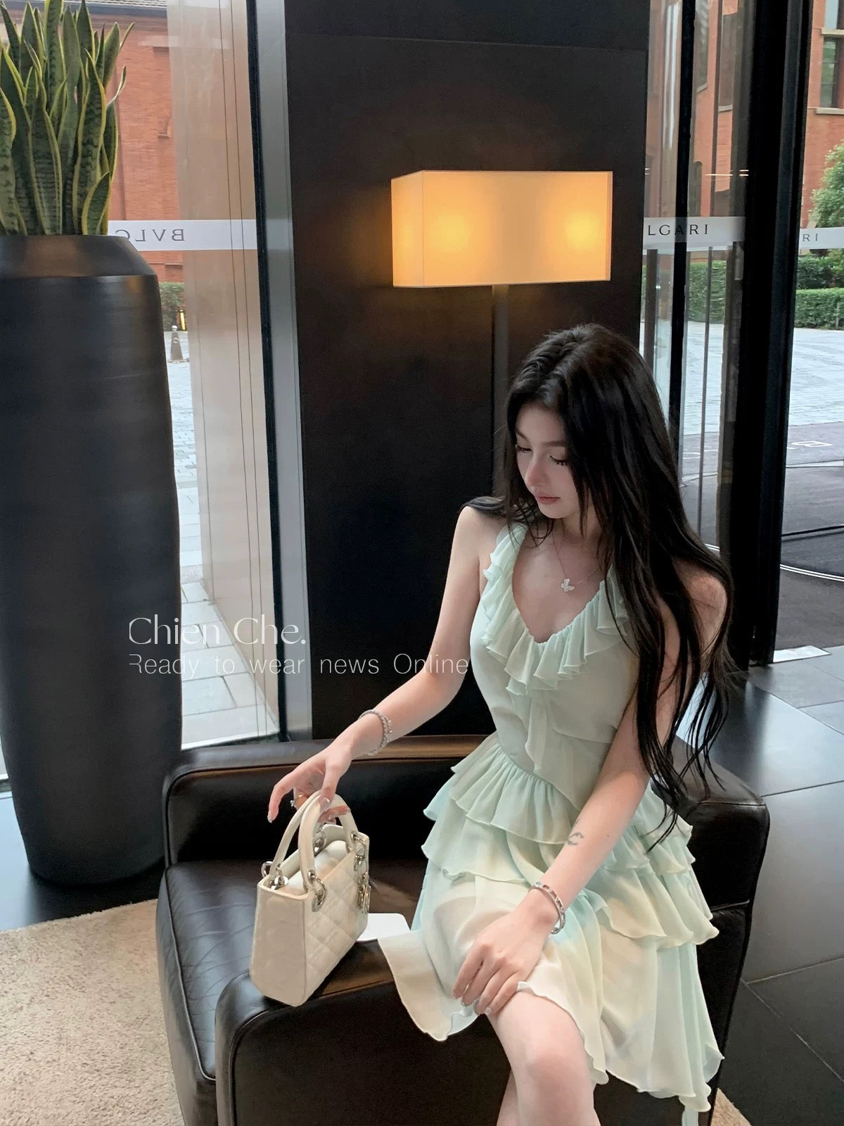 Chien Che Mint Green Sleeveless Halter Neck Slim Fit Sexy Ruffled Chiffon Top for Women