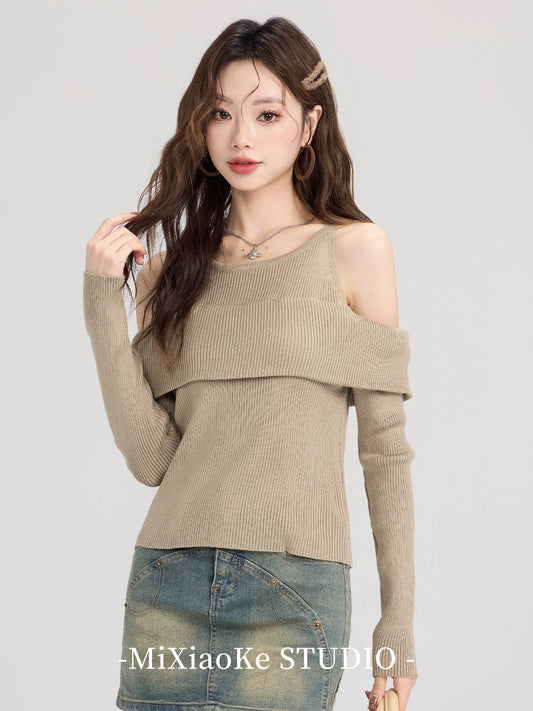 Mi Xiaoke American retro fake two-piece long-sleeved sweater for women autumn inner bottoming shirt design off-shoulder top