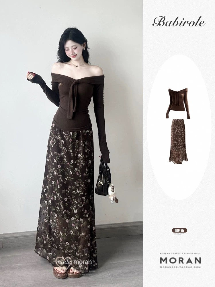 French retro one-shoulder off-shoulder pure desire slim-fitting blouse top floral skirt women's early autumn two-piece suit