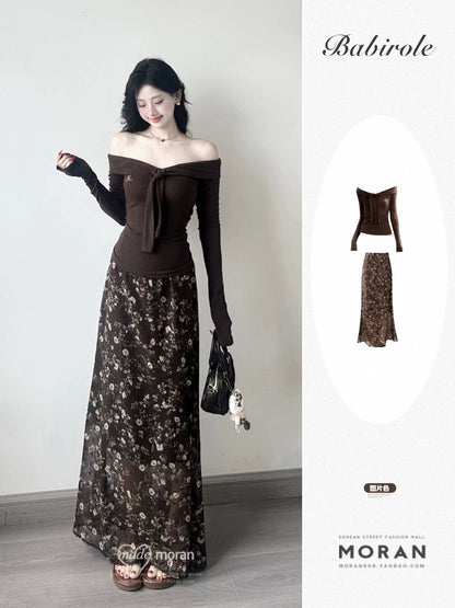 French retro one-shoulder off-shoulder pure desire slim-fitting blouse top floral skirt women's early autumn two-piece suit