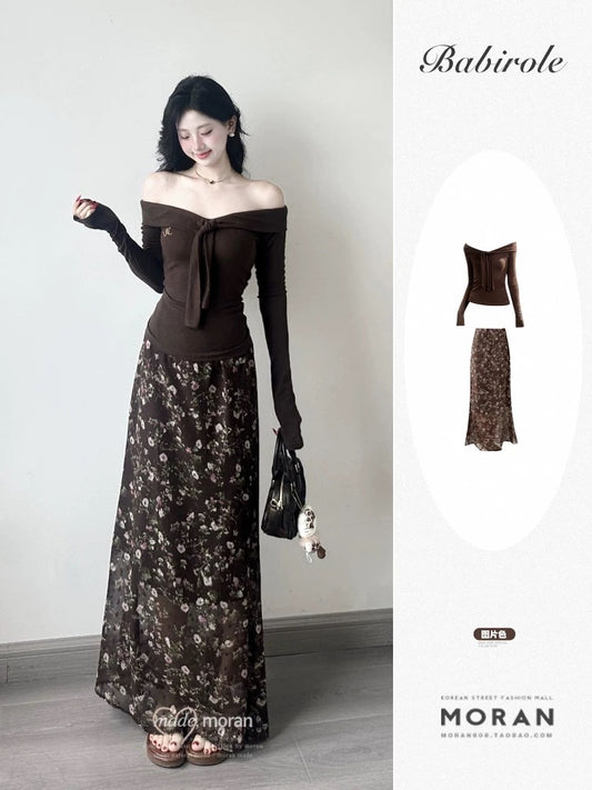 French retro one-shoulder off-shoulder pure desire slim-fitting blouse top floral skirt women's early autumn two-piece suit