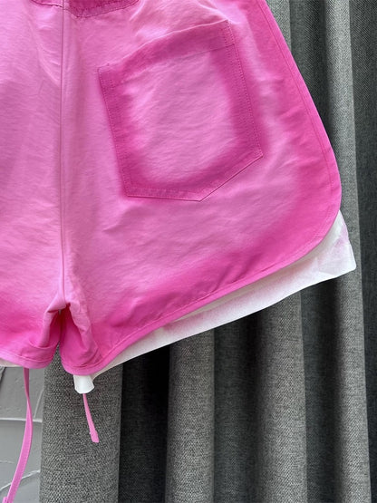 ins internet celebrity style 2024 spring new Korean style elastic waist gradient pink casual pants wide leg denim shorts for women