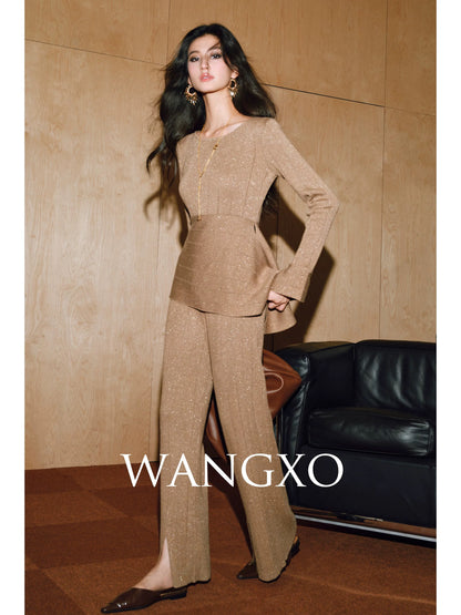 WANGXO｜Soft wool with gold thread embellishment｜Breathable eyelet craftsmanship｜Slant-collar stitching knitted suit