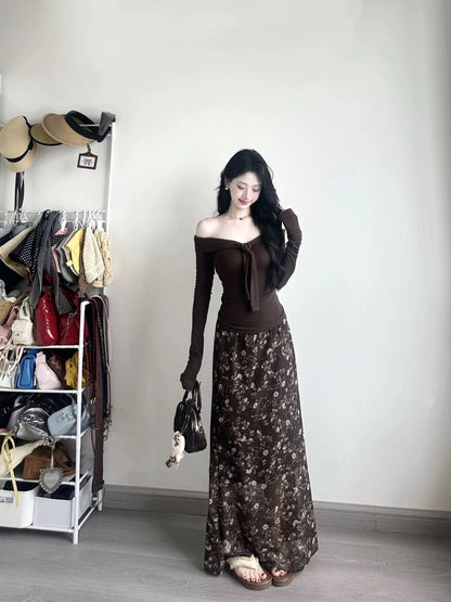 French retro one-shoulder off-shoulder pure desire slim-fitting blouse top floral skirt women's early autumn two-piece suit