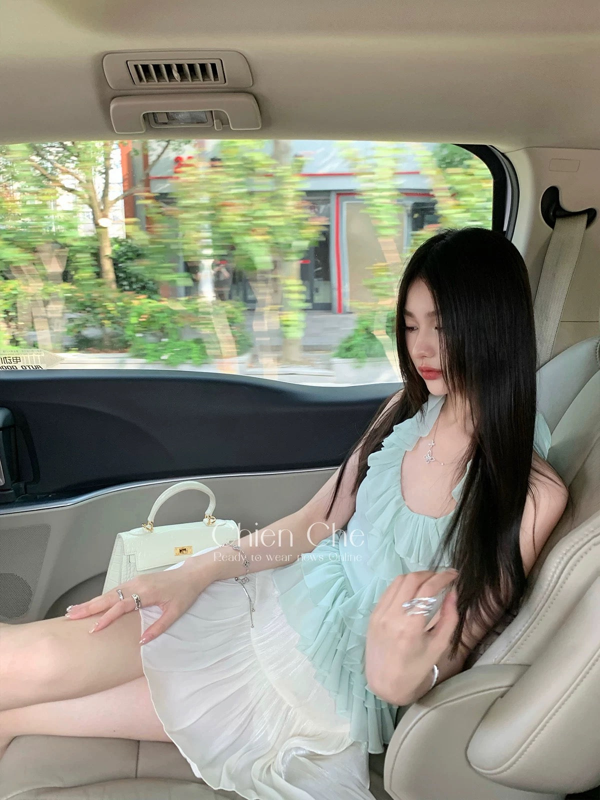 Chien Che Mint Green Sleeveless Halter Neck Slim Fit Sexy Ruffled Chiffon Top for Women