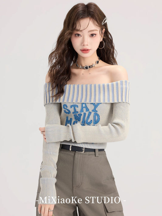 Mi Xiaoke high-end one-shoulder striped sweater for women in early autumn American hot girl slim fit sweater off-shoulder top