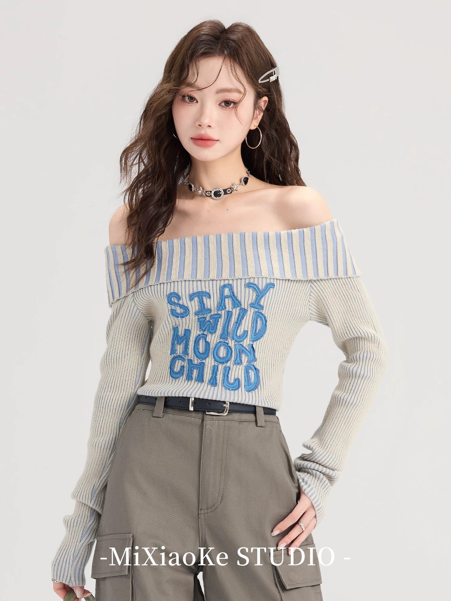 Mi Xiaoke high-end one-shoulder striped sweater for women in early autumn American hot girl slim fit sweater off-shoulder top