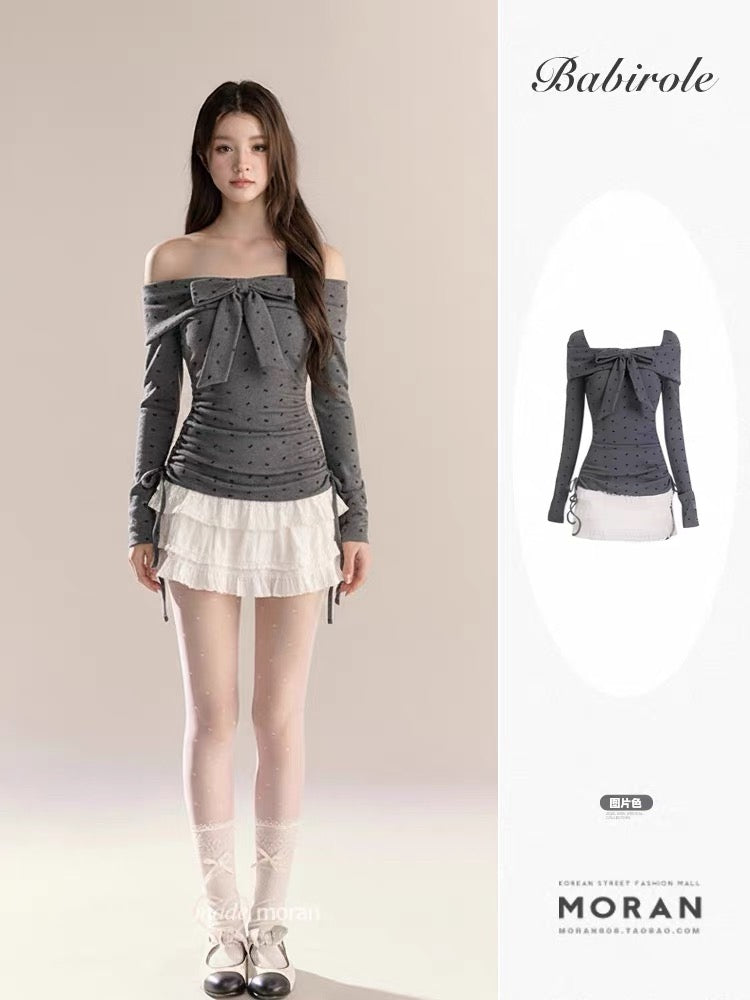 Pure desire hot girl one-shoulder off-shoulder bow polka dot top 2025 autumn and winter new female bottoming shirt inner long sleeve