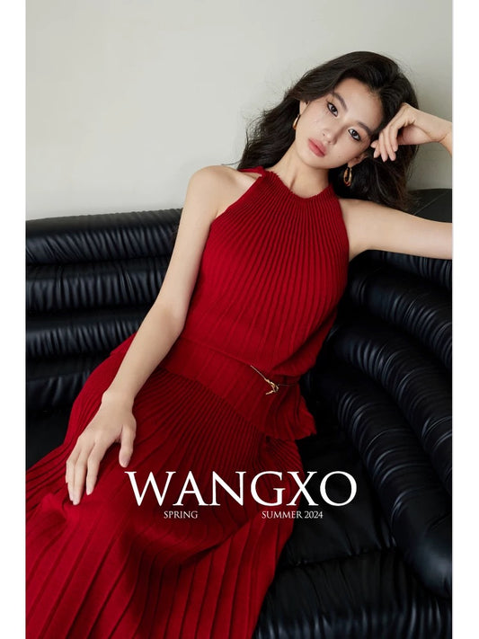 WANGXO｜Earl Silk Cotton High Twist Worsted Craft｜Single Collar Waistcoat Style Accordion Pleated Design Knitted Suit