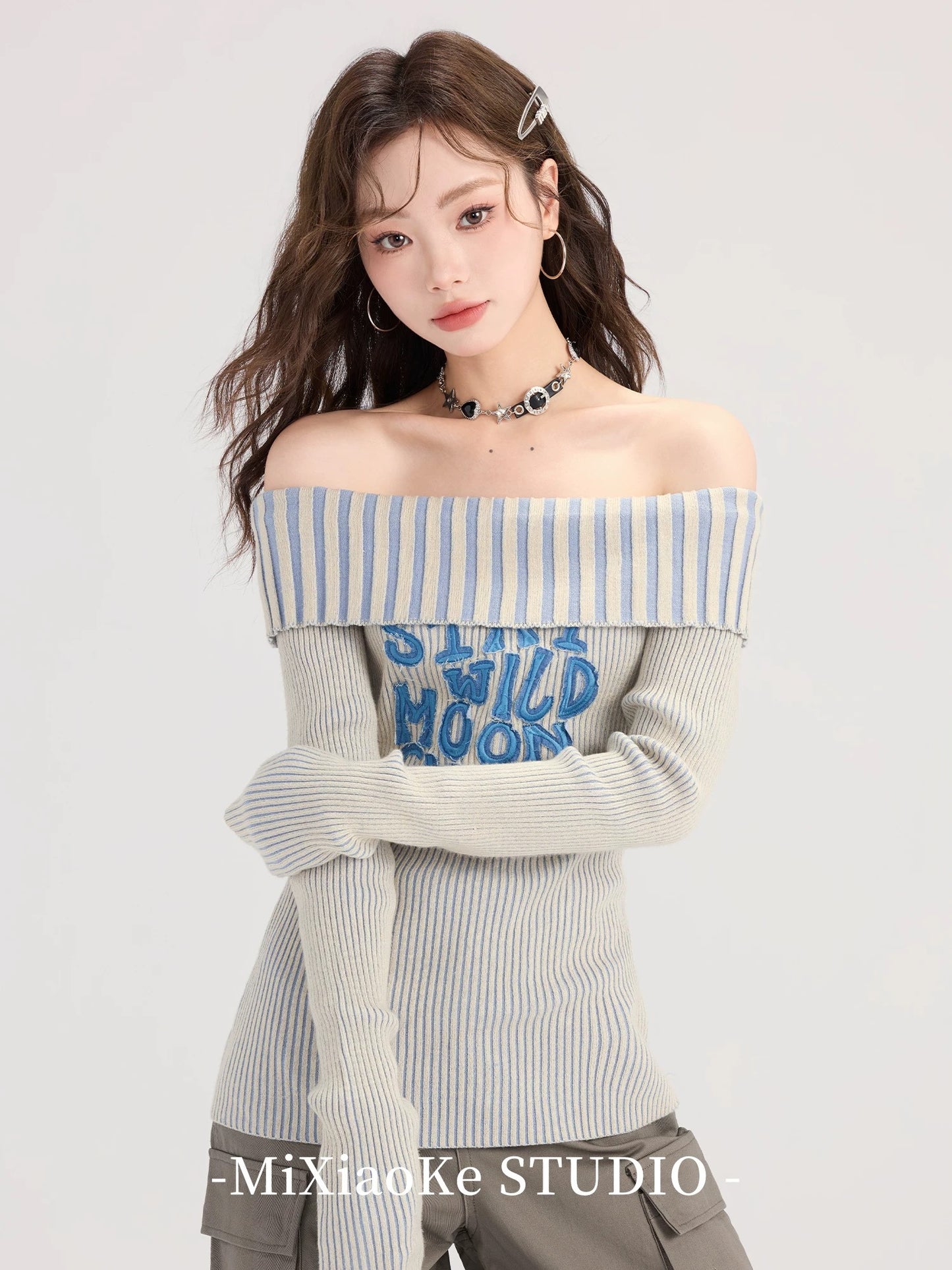 Mi Xiaoke high-end one-shoulder striped sweater for women in early autumn American hot girl slim fit sweater off-shoulder top