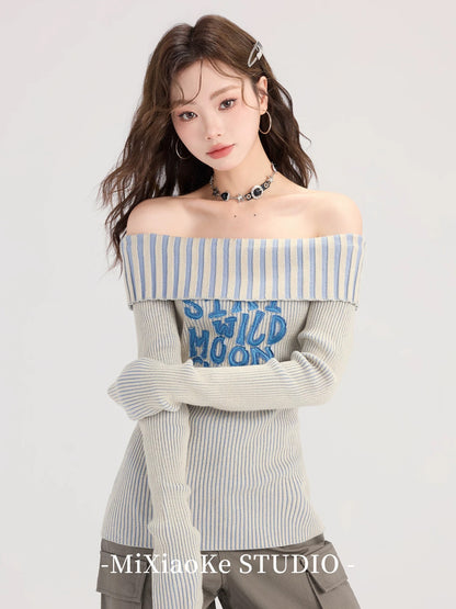 Mi Xiaoke high-end one-shoulder striped sweater for women in early autumn American hot girl slim fit sweater off-shoulder top