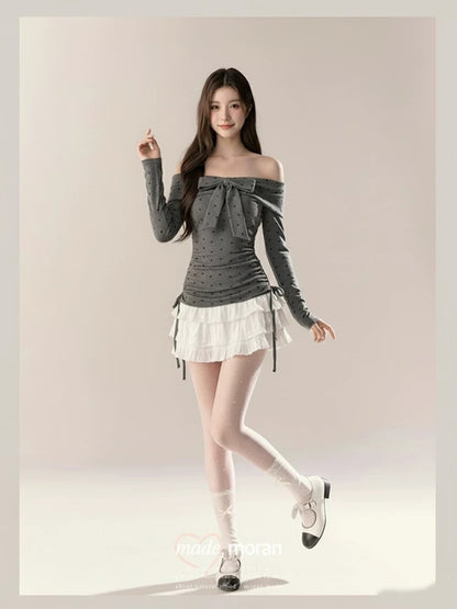 Pure desire hot girl one-shoulder off-shoulder bow polka dot top 2025 autumn and winter new female bottoming shirt inner long sleeve