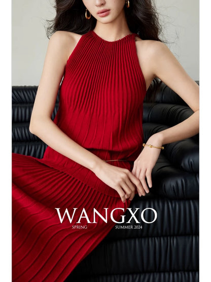 WANGXO｜Earl Silk Cotton High Twist Worsted Craft｜Single Collar Waistcoat Style Accordion Pleated Design Knitted Suit