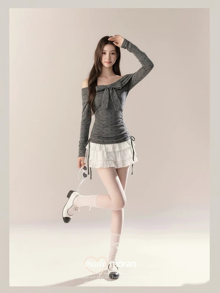 Pure desire hot girl one-shoulder off-shoulder bow polka dot top 2025 autumn and winter new female bottoming shirt inner long sleeve