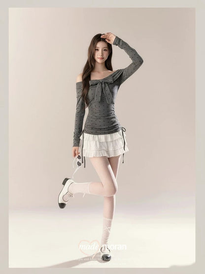 Pure desire hot girl one-shoulder off-shoulder bow polka dot top 2025 autumn and winter new female bottoming shirt inner long sleeve