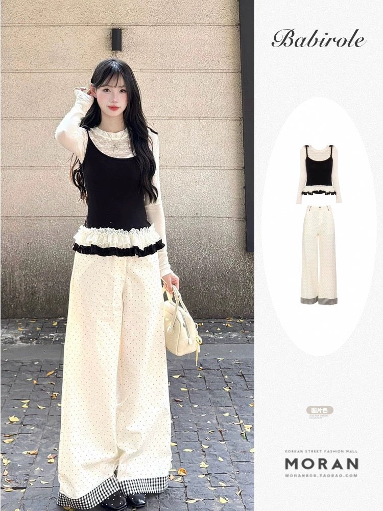 Korean lace fake two-piece suspender top wide-leg pants suit women's summer high-end sense of age-reducing fashion suit early autumn