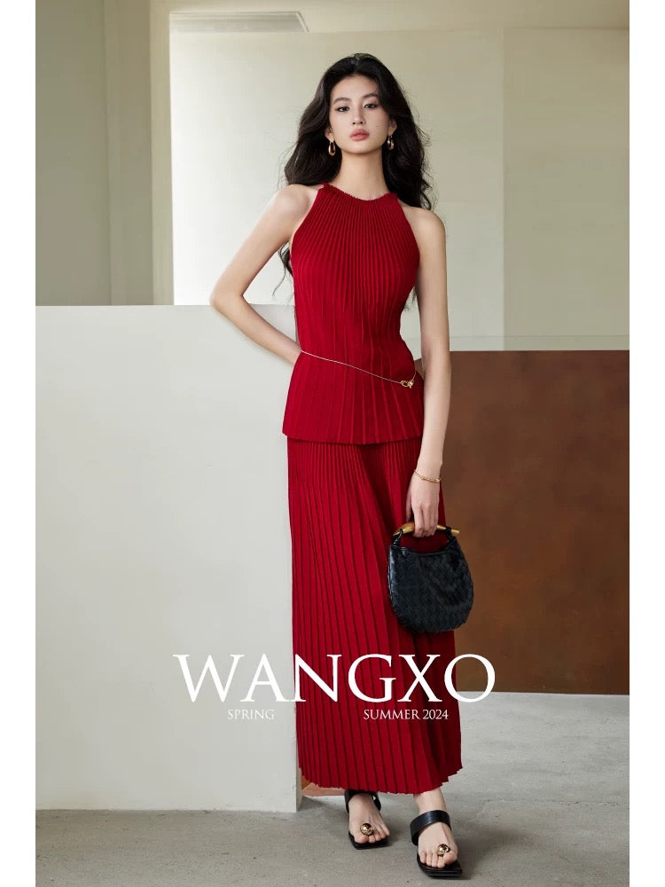 WANGXO｜Earl Silk Cotton High Twist Worsted Craft｜Single Collar Waistcoat Style Accordion Pleated Design Knitted Suit